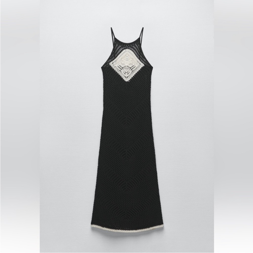 ZARA MIDI HALTER KNIT CROCHET DRESS SIZE S BLACK AND WHITE NWT